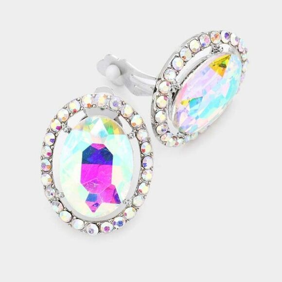 Abalone Rhinestone Trim Oval Crystal Evening Silver Clip on Earring  NWT - Picture 1 of 4